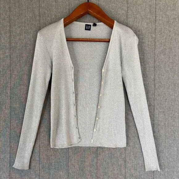 90s Vintage Gap Silver Metallic V Neck Button Up Ribbed Knit Cardigan Size M - Picture 3 of 14